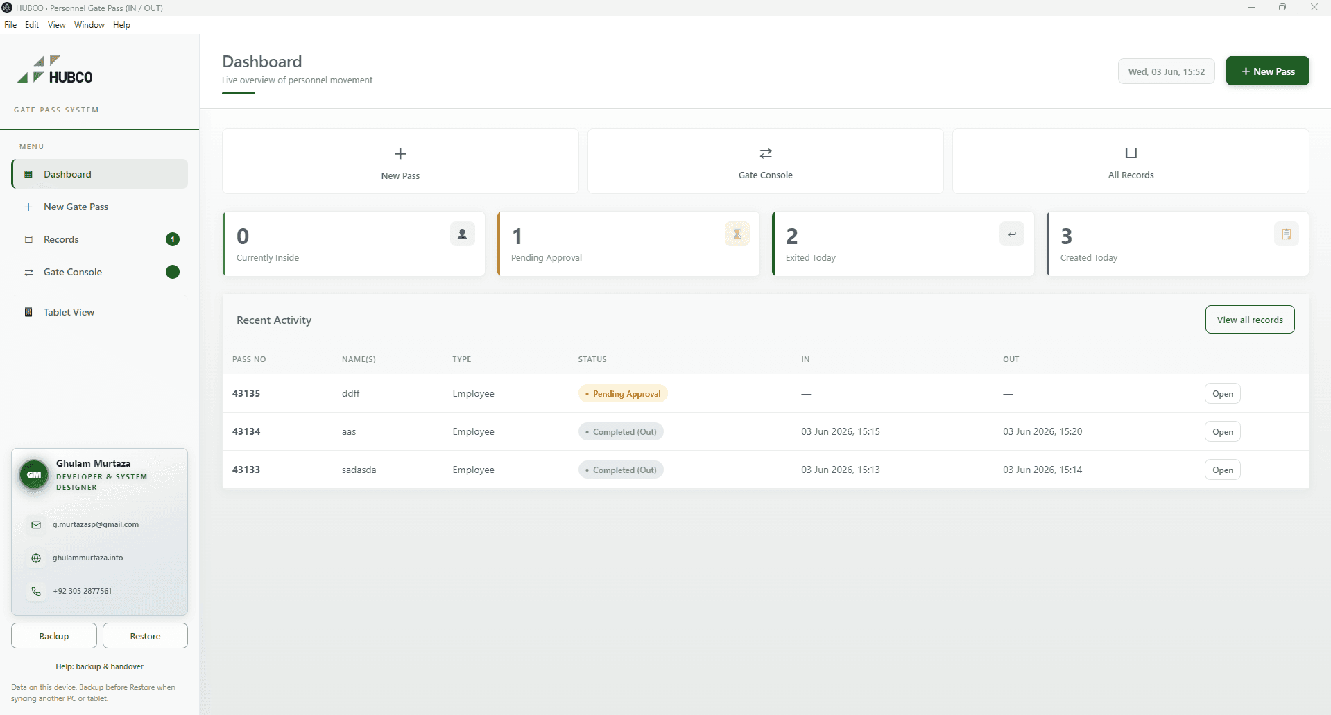 HUBCO Gate Pass dashboard — personnel movement overview