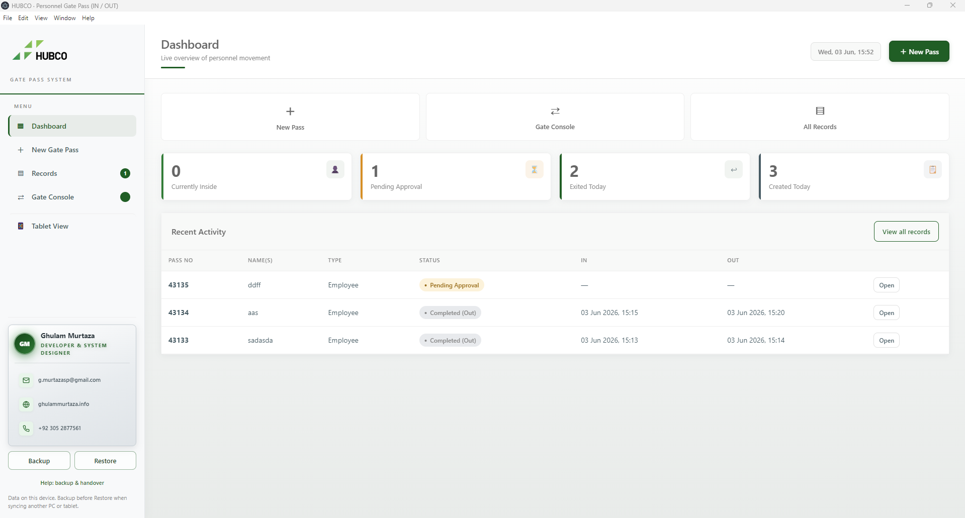 HUBCO Gate Pass dashboard — personnel movement overview